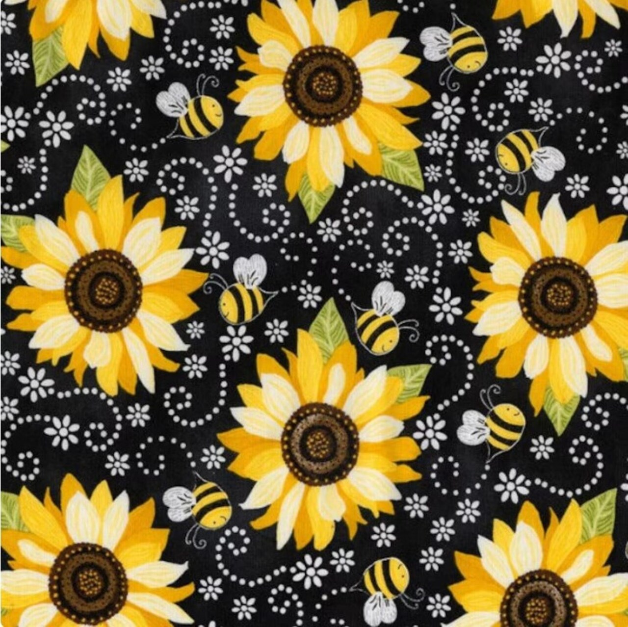 You are my Sunshine Sunflowers Bees on Black Cotton Fabric by Timeless Treasures